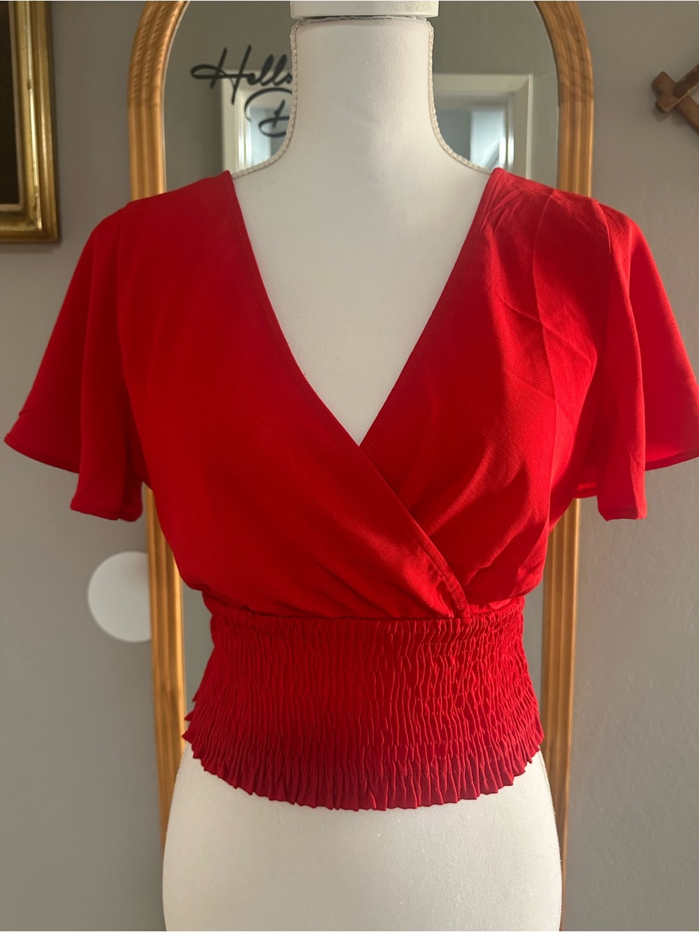 Red Smocked-Waist V-Neck Women's Top